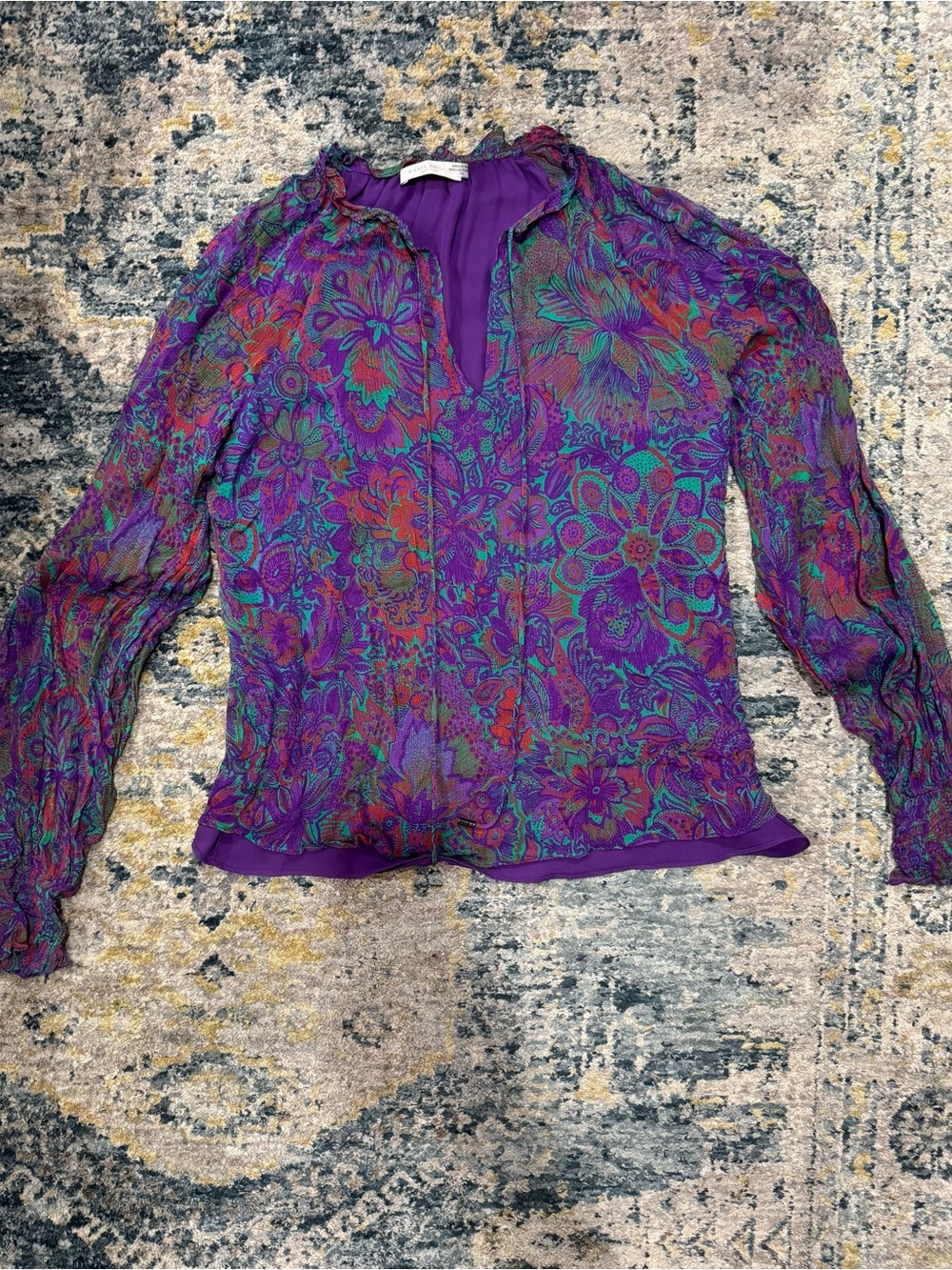 Ramy Brook Purple Floral Sheer Long-Sleeve Top